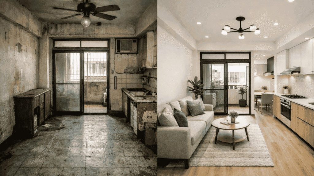 Renovations in Edmonton transforming an older apartment building into a modern rental property.