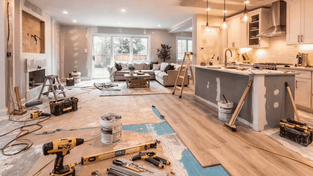 Renovations in Edmonton transforming an older apartment building into a modern rental property.