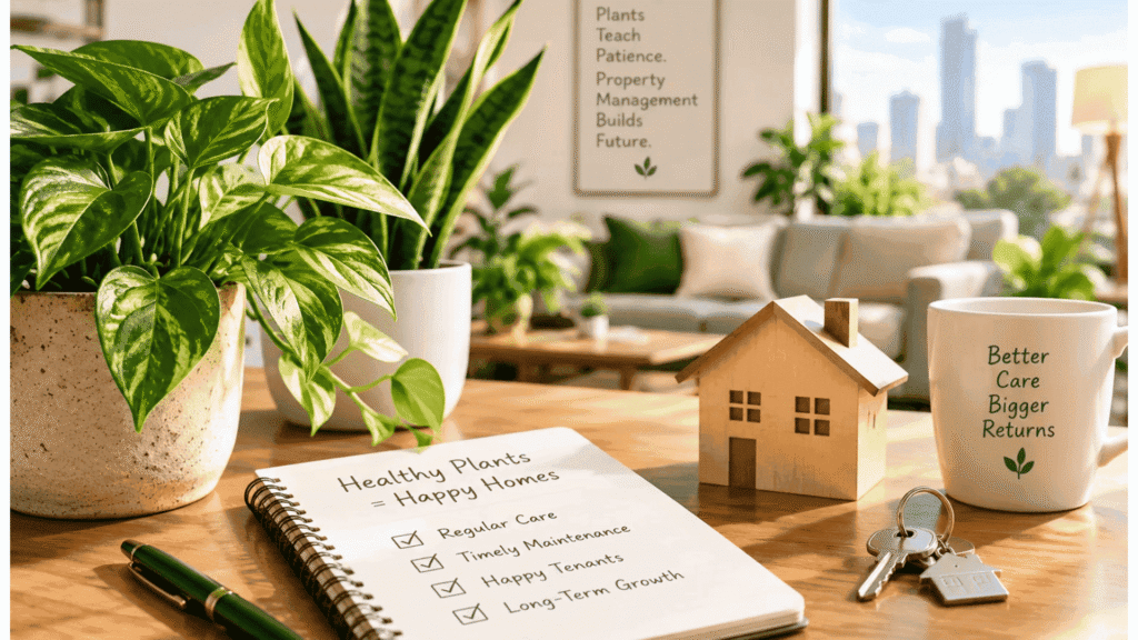 Houseplants and a model home representing rental property management.