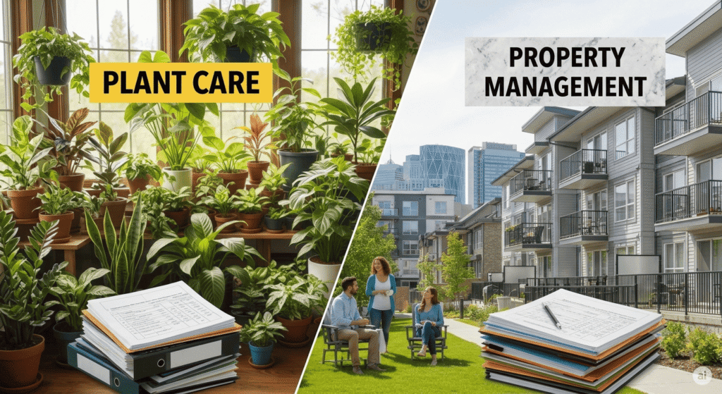 Houseplants and a model home representing rental property management.